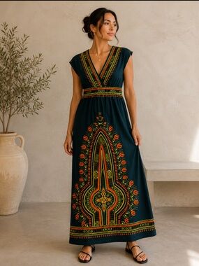 Green Dashiki-Inspired Border Print Maxi Dress